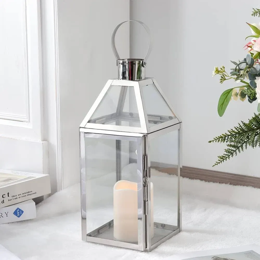 JHY Design Stainless Steel Candle Lantern, 34cm High Hanging Glass Silver