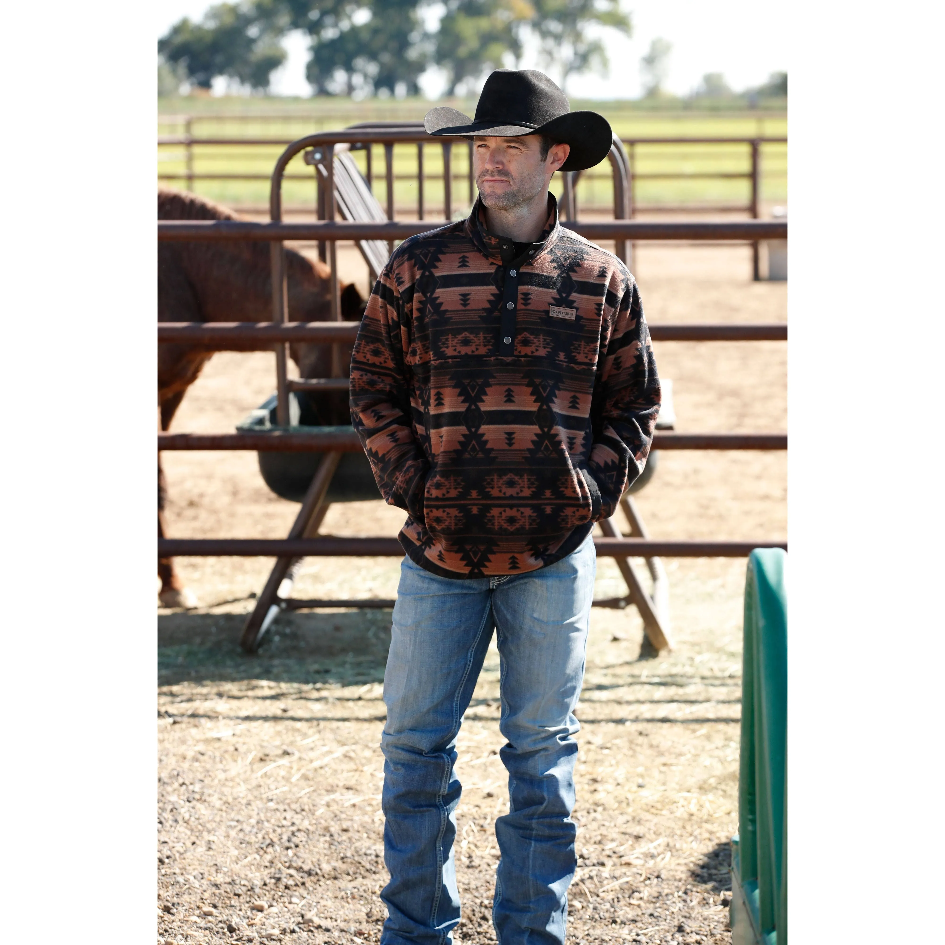 Cinch Men's Southwestern Print 1/4 Snap Pullover Black/Brown XX-Large US