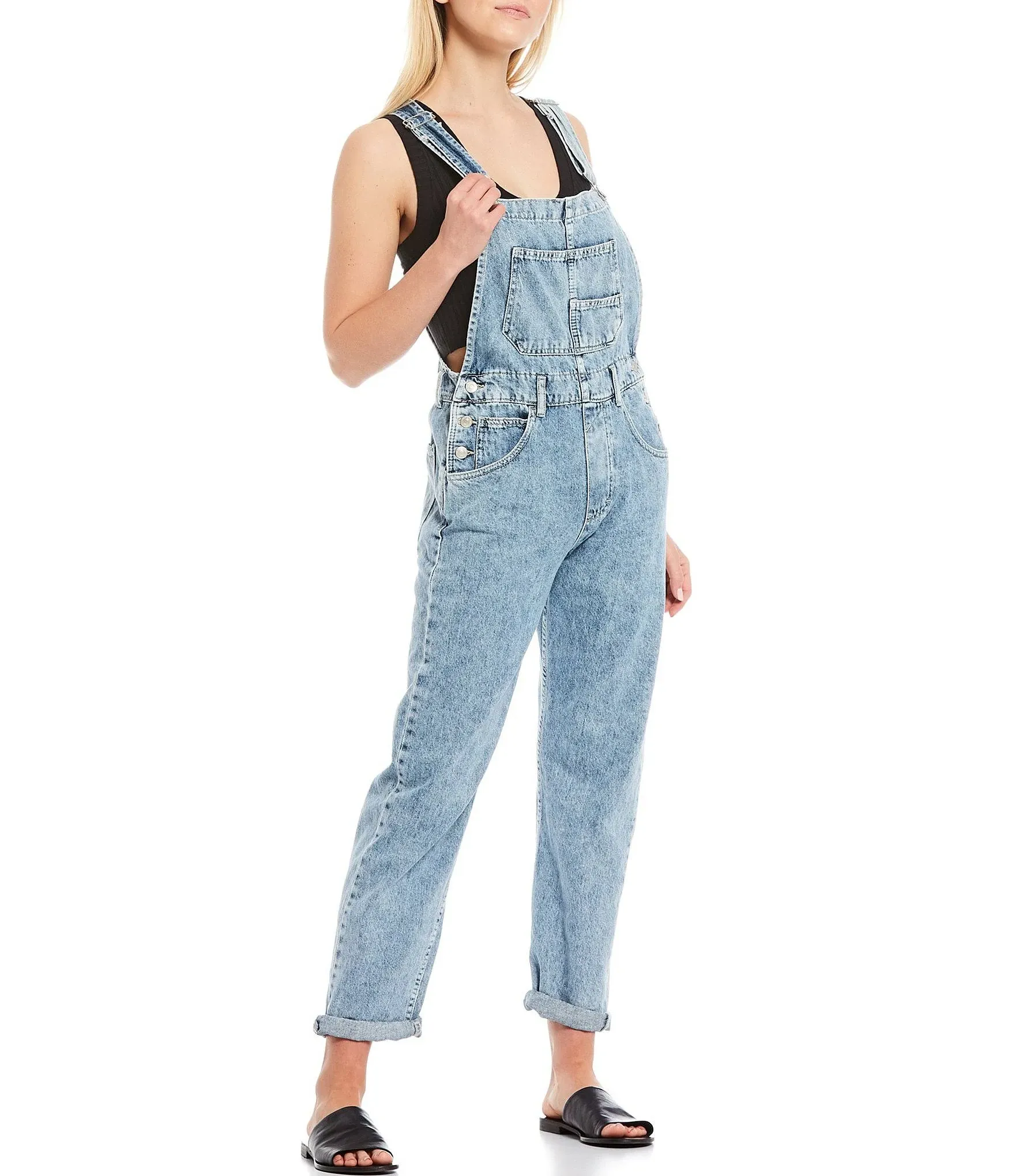 Free People Women's Ziggy Denim Overalls, Powder Blue, XL