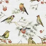 Ambesonne Animal Fabric by The Yard, Sparrows Birds Leaves Branches Pine Trees ...