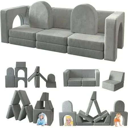 13 Pcs Toddler Sofa for Kids, Linor Modular Kids Couch for Playroom, Kids Play Couch for toddlers 1-3, Kids Sofa Couch, Kids Modular Play Couch,  Grey