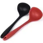 Silicone Ladle Soup Spoon Set of 2, Nonstick Heat Resistant Long Handle Unbreakable Big Round Scoop for Home Kitchen Cooking,Red and Black