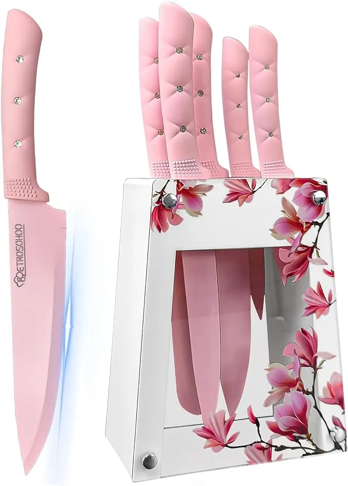 Kitchen Knife Set, Caliamary Pink Flower 6PC Stainless Steel Sharp Chef Knife Set with Acrylic Stand, Cooking Non-slip Knife Set with Block, Non-stick Colorful Coating Gift for Women Girls (Pink)