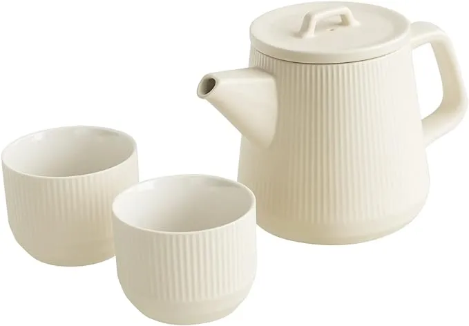 Teapot Set with Removable Infuser, Kissui Vertical Stripes Ceramic Brewing Tea Set, Big Capacity, Matte Crème