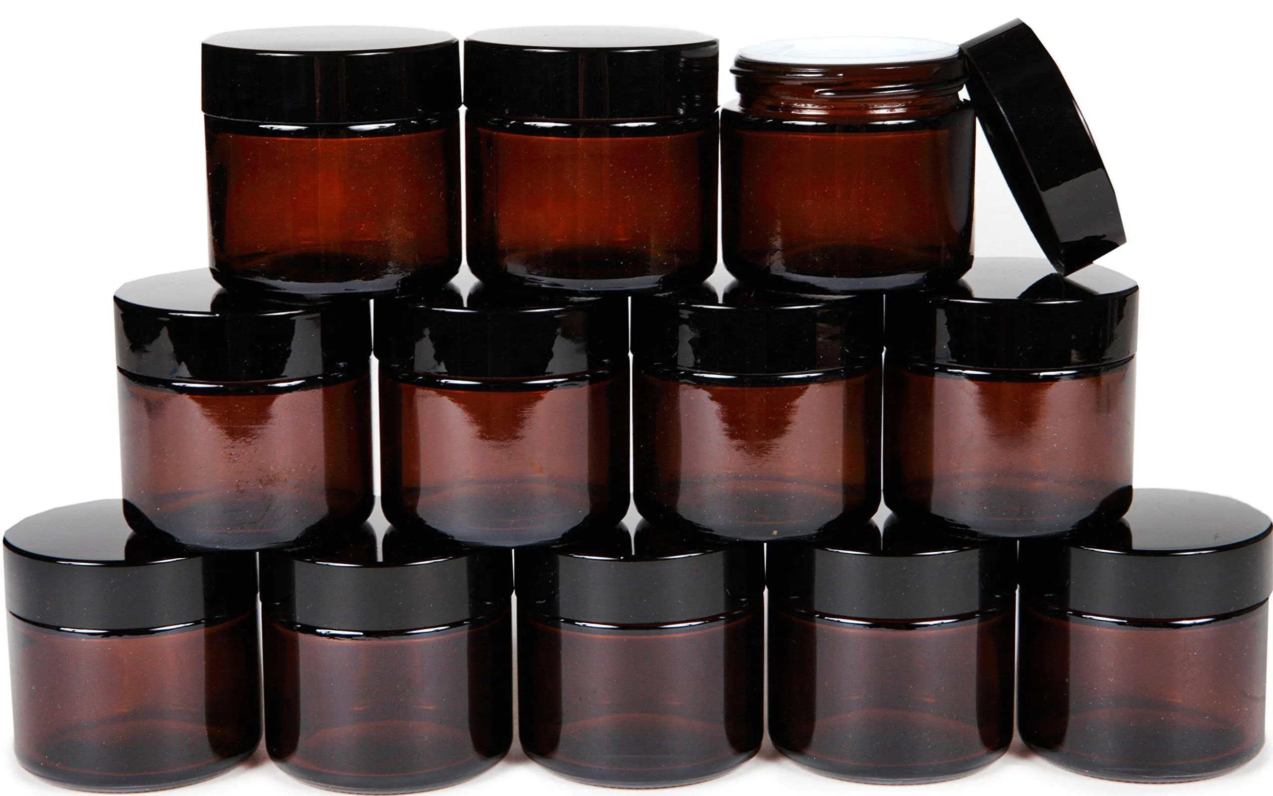 Vivaplex 12 Amber 4 oz Round Glass Jars with Inner Liners and Black Lids