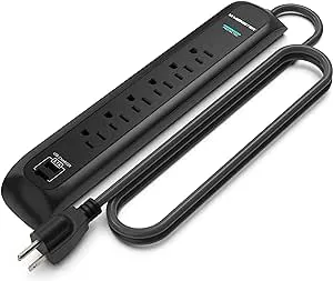 Monster 6ft Heavy Duty Black Power Strip and Tower Surge Protector, 1200 Joule Rating, 6 120V-Outlets, and 2 USB-A Ports- Ideal for Computers, Home Theatre, Home Appliances, and Office Equipment