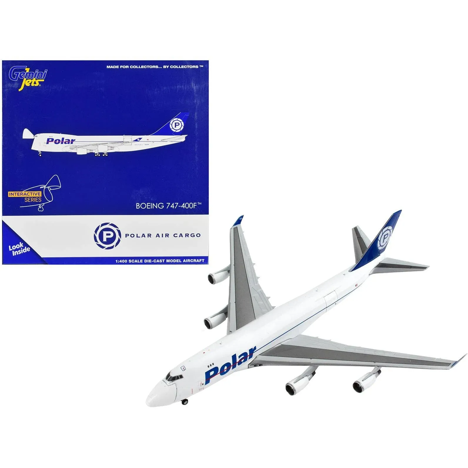 Boeing 747-400F Commercial Aircraft "Polar Air Cargo" White with Blue Tail "Interactive Series" 1/400 Diecast Model Airplane by GeminiJets