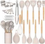 Umite Chef Silicone Kitchen Utensils Set, 33 Piece Non-Stick Kitchen Utensils with Stand, Wooden Handle, Pink