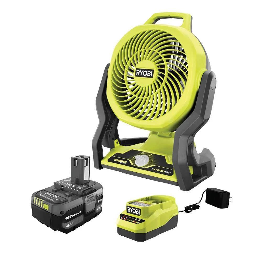 Ryobi ONE+ 18V Cordless Hybrid Whisper Series 7-1/2 in. Fan Kit with 4.0 Ah Battery and Charger PCL811K1N