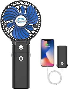 HandFan Portable Handheld Fan with Power Bank, 2 IN 1 Hand Fan, 5200mAh Rechargeable Battery Operated, Personal Foldable Makeup Fan, Portable Cooling Fan for Travel/Summer/Concerts/Lash(Black&Blue)