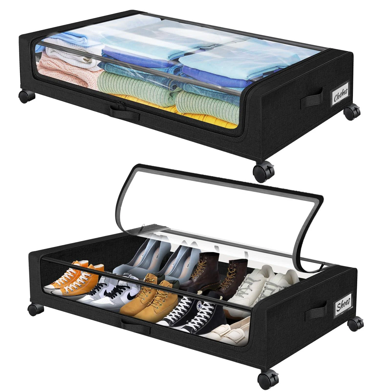 oylik 2 Pack Under Bed Storage with Wheels, Under Bed Shoe Storage Larger Capacity with PVC Clear Window & Label, Under The Bed Storage Containers