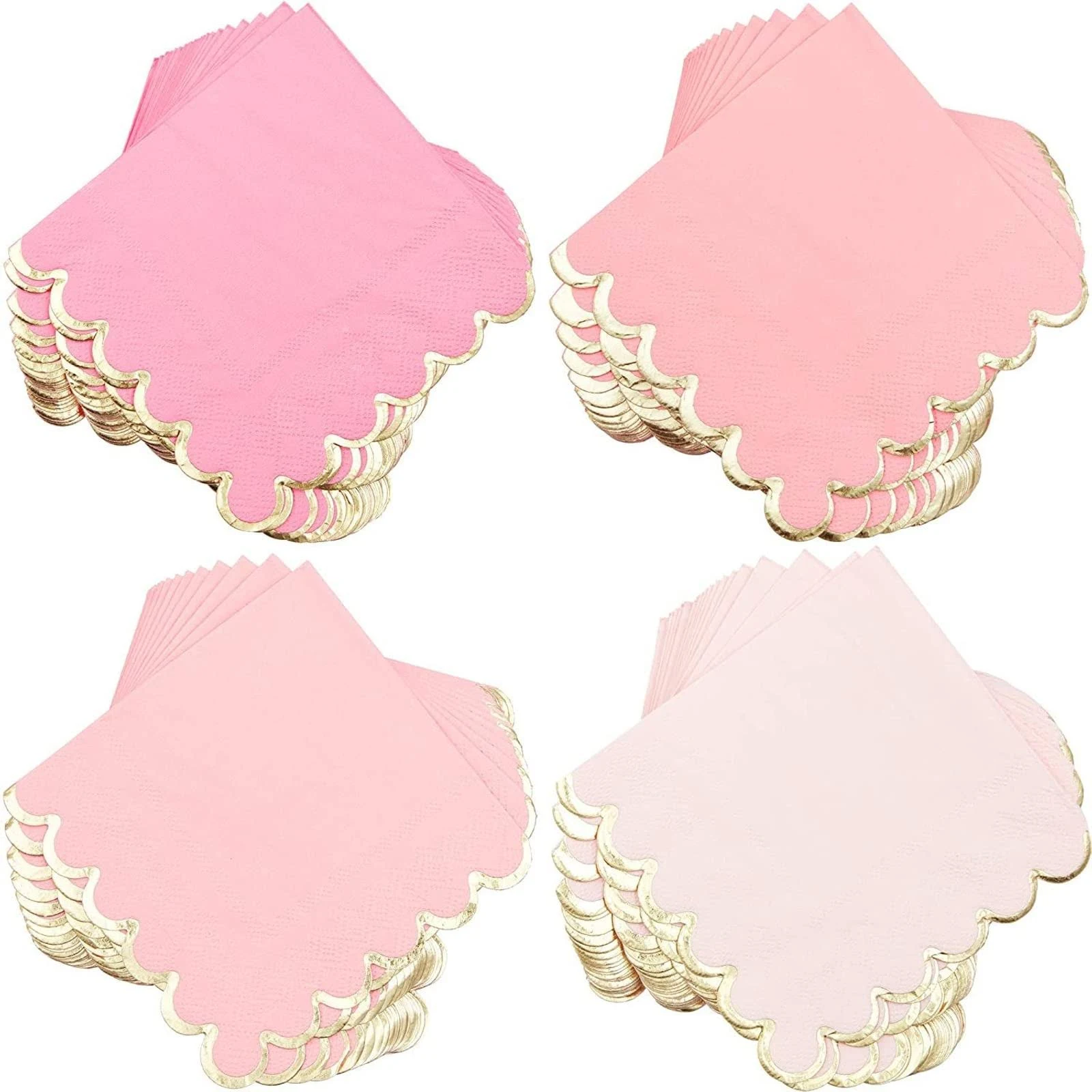 100 Pack Scalloped Pink Party Napkins, 4 Pink Shades for Baby Shower, 5 x 5 In