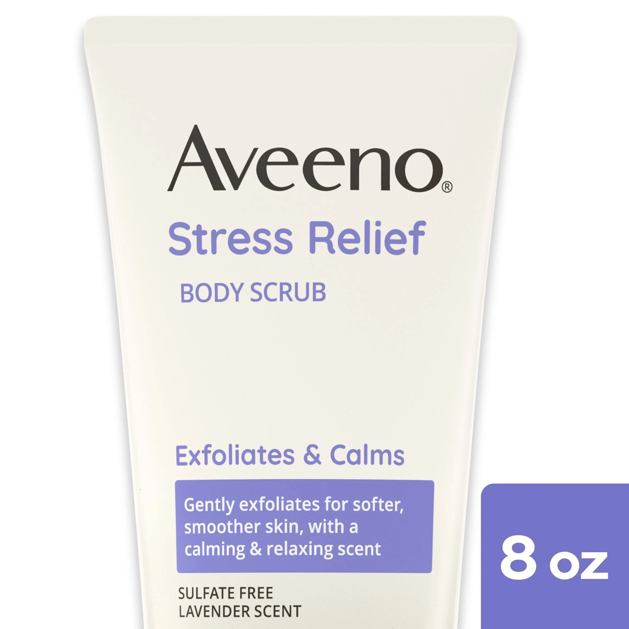 Aveeno Stress Relief Body Scrub, Exfoliating Body Wash for Softer, Smoother Skin, Formulated with Prebiotic Oat & Lavender Scent to Calm & Relax, Sulfate-Free & Soap-Free, 8 fl. Oz