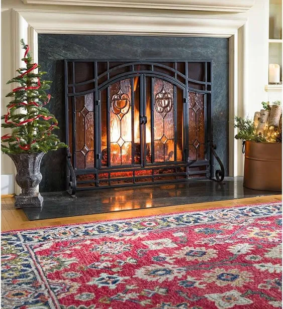 Plow & Hearth Small Two-Door Fireplace Screen with Glass Floral Panels, Black