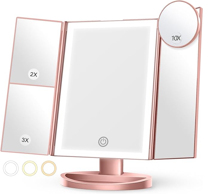 Wireless Rechargeable Lighted Makeup Mirror with 3 Color Lighting, 2000mAh Rechargeable Battery, 10x 3X 2X Magnification Mirror, 24LMirror, 360 Degree Rotation, Gift for Woman (Rose Gold)