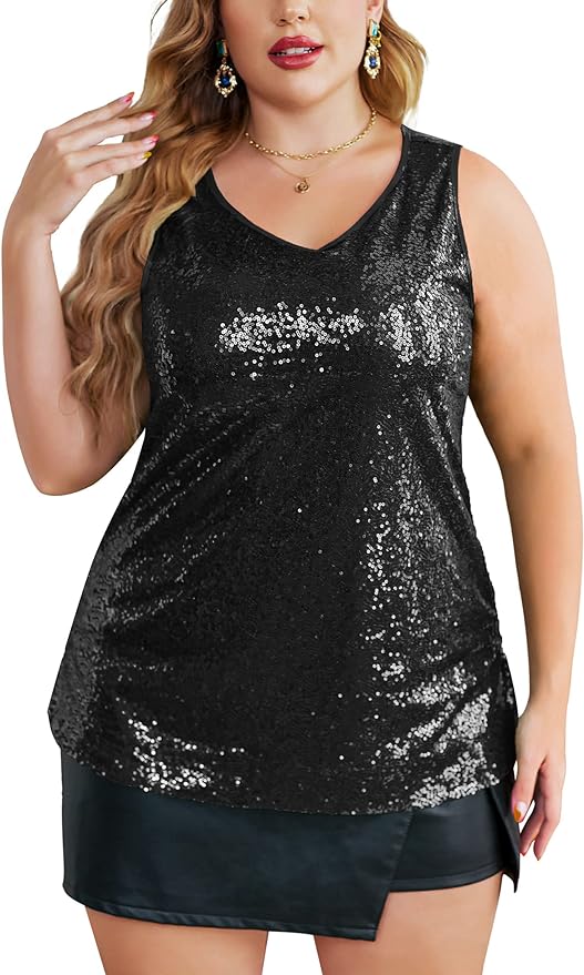 IN&#039;VOLAND Women&#039;s Sequin Tops Plus Size Glitter Tank Top Sleeveless Sparkle Shim