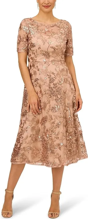 Adrianna Papell Womens Sequined Embroidered Midi Dress - Almondine