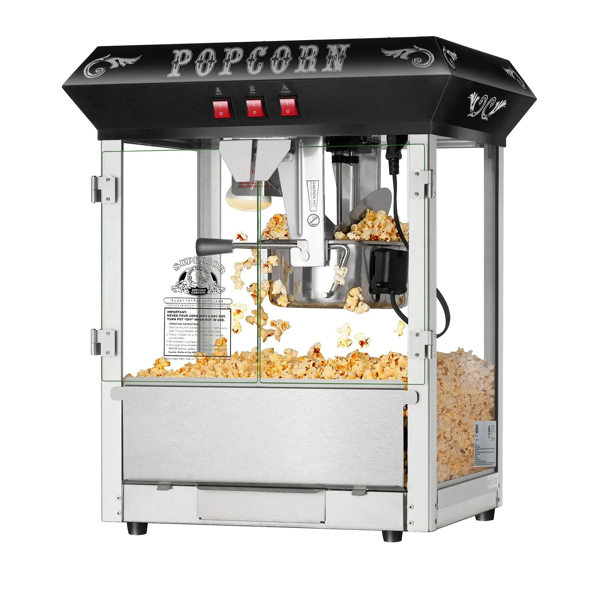 Hot and Fresh Countertop Popcorn Machine – 3 Gallon Popper – 8oz Kettle, Old Maids Drawer, Warming Tray, Scoop by Superior Popcorn Company (Black)