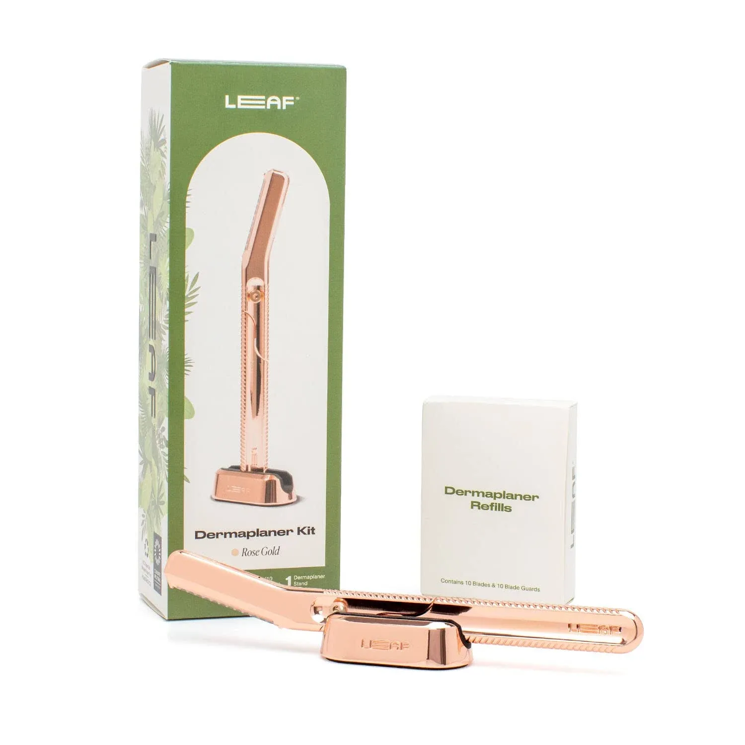 The Leaf Dermaplaner Kit, Rose Gold - 1 Dermaplaner, 1 Stand, 10 Refills