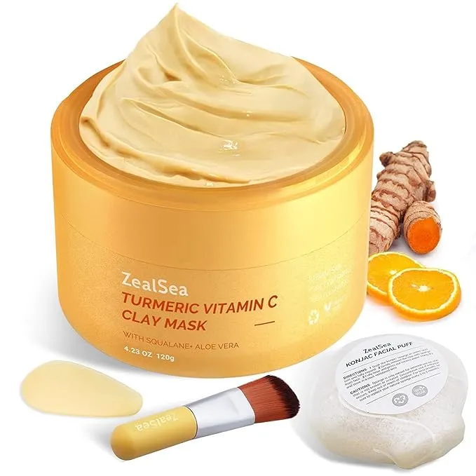 ZealSea Turmeric Clay Mask for Face with Vitamin C - Mud Mask for Face Clay Mask for Blackheads and Pores Face Mask Skin Care Facial Skincare, 4.23 Oz