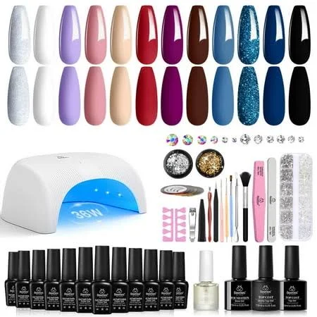 Beetles Gel Nail Polish Kit with UV Light 12 Colors Fall Starter Kit,Maple Avenue Glitter Brown Red Purple Gel Polish Set Base Top Coat Gel Maple Leaf Manicure Home Diy Nail Art Gift