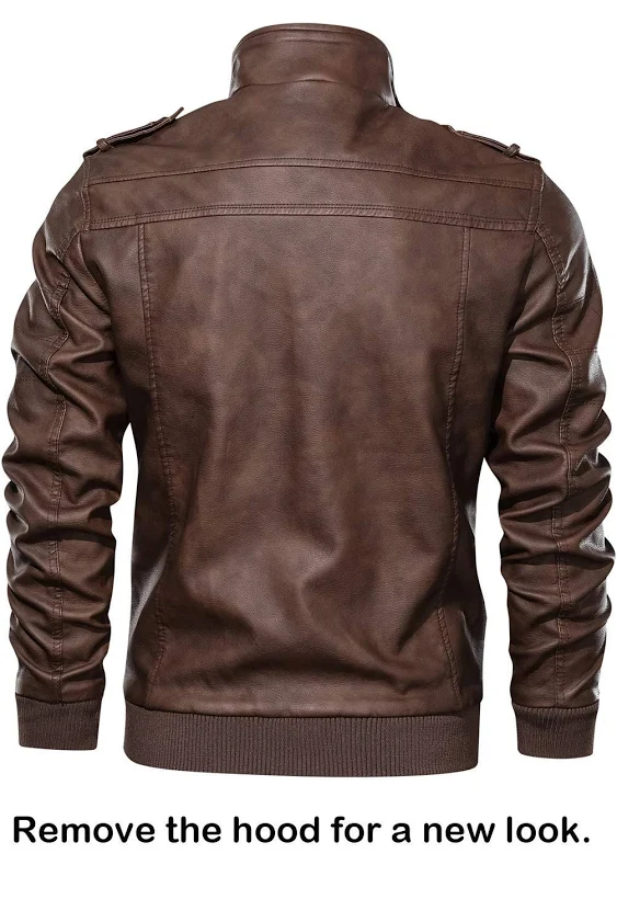 HOOD CREW Men’s Casual Stand Collar PU Faux Leather Zip-Up Motorcycle Bomber Jacket With a Removable Hood