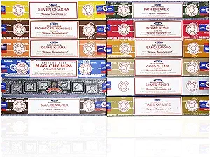 Satya Incense Sticks Variety Pack of 12 Randomly Selected Fragrances and Incense Stick Holder Bundle Total 180 Sticks