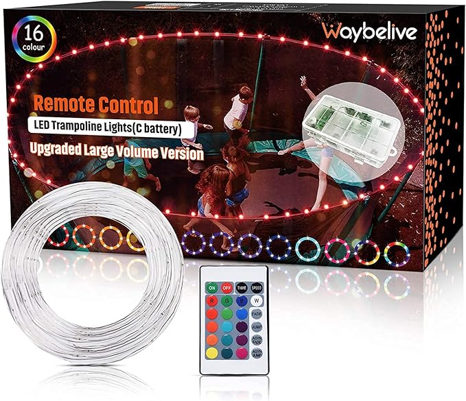 【Upgraded Large Volume&Longer Version】 LED Trampoline Lights，Remote Control Trampoline Rim LED Light for 15Ft Trampoline, C Battery Box, 16 Color Change, Waterproof, Bright to Play at Night Outdoors