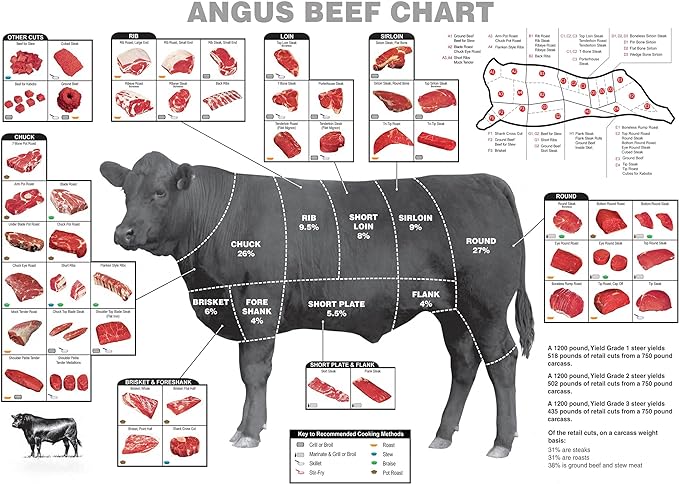 Decor Print Store Laminated Poster: 24x30 Angus Beef Cuts Butcher Charts How To Cook Photo Picture Artwork Art Print Wall Hanging