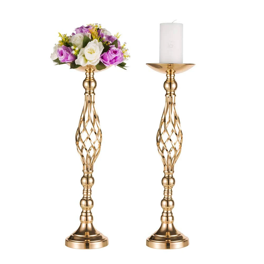 Versatile Metal Flower Arrangement Stand & Pillar Candles Holder Set for Wedding Party Dinner Centerpiece Event Restaurant Hotel Decoration (2 x L, Gold)