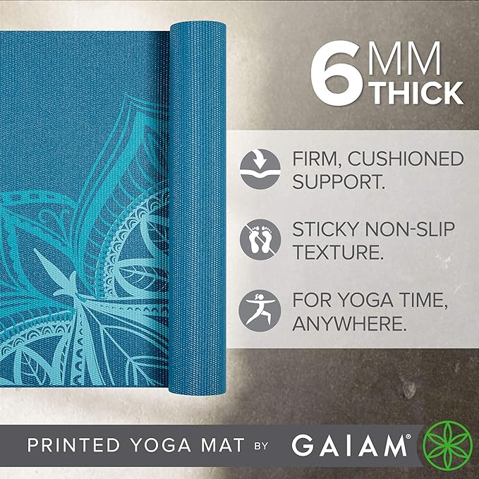 Gaiam Yoga Mat - Premium 6mm Print Extra Thick Non Slip Exercise & Fitness Mat for All Types of Yoga, Pilates & Floor Workouts (68"L x 24"W x 6mm Thick)