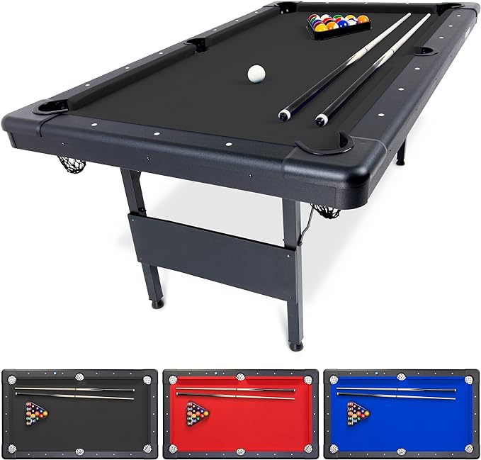 GoSports 6 ft Billiards Table - Portable Pool Table - Includes Full Set of Balls, 2 Cue Sticks, Chalk, and Felt Brush