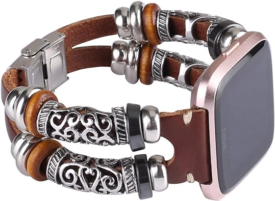 Compatible with Fitbit Versa/Versa 2/Versa Lite/Versa SE Bands, Genuine Leather 23mm Bracelet Replacement Strap with Stainless Steel Clasp for Men & Women