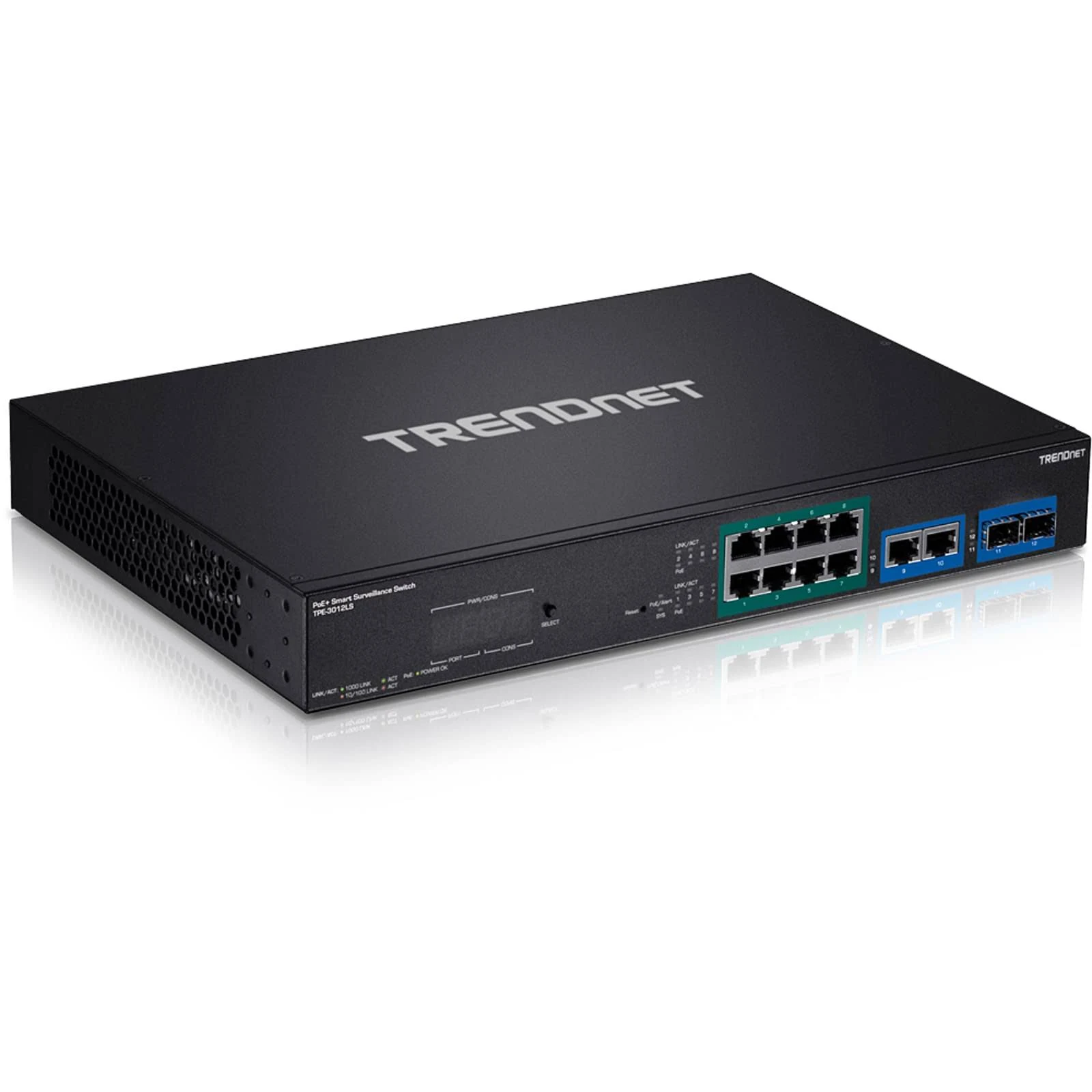 TRENDnet 12-Port Gigabit PoE+ Smart Surveillance Switch, TPE-3012LS, 8 x Gigabit PoE+ Ports, 2 x Gigabit Ports, 2 x SFP Slots, 110W PoE Budget, Managed Switch, Long Range PoE+ up to 200m (656 ft)