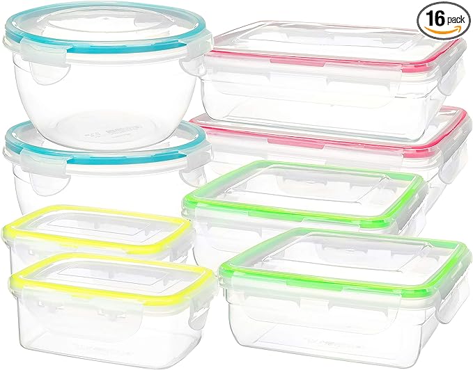 16 Piece Clip Lock Food Container Storage Set - Microwave &amp; Dishwasher Safe...