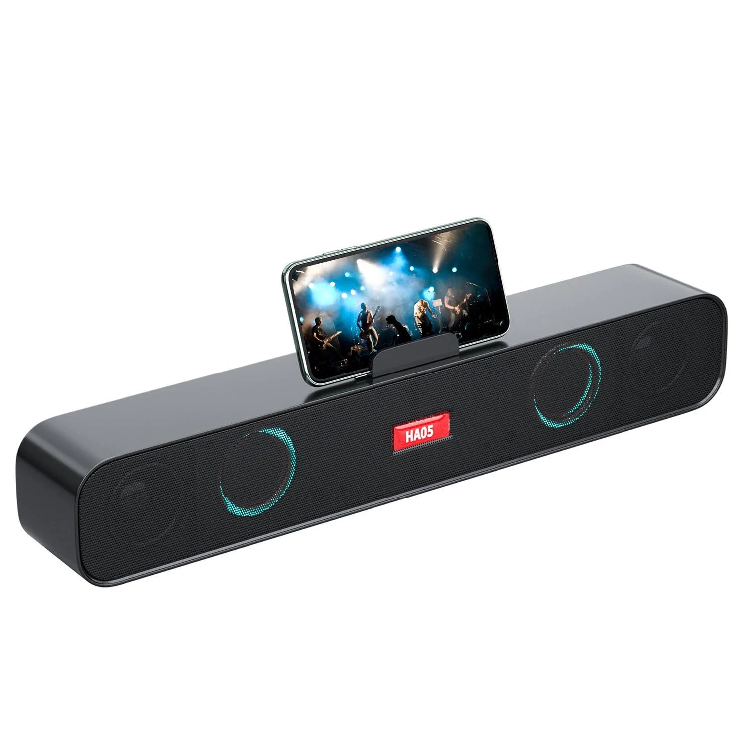 DE HILEFFE Speakers with Phone Holder - Stereo Sound Bar Speaker for Desktop/Laptop/PC/Pad/Cellphone - Colorful Lighting Soundbar - USB Powered Computer Speakers for Desktop Black