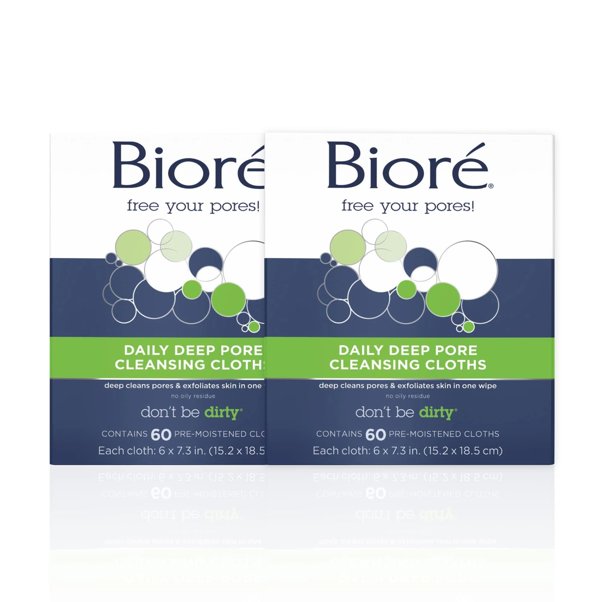 Bioré Daily Make Up Removing Cloths, Facial Cleansing Wipes with Dirt-grabbing Fibers for Deep Pore Cleansing without Oily Residue, 60 Count, Pack of 2