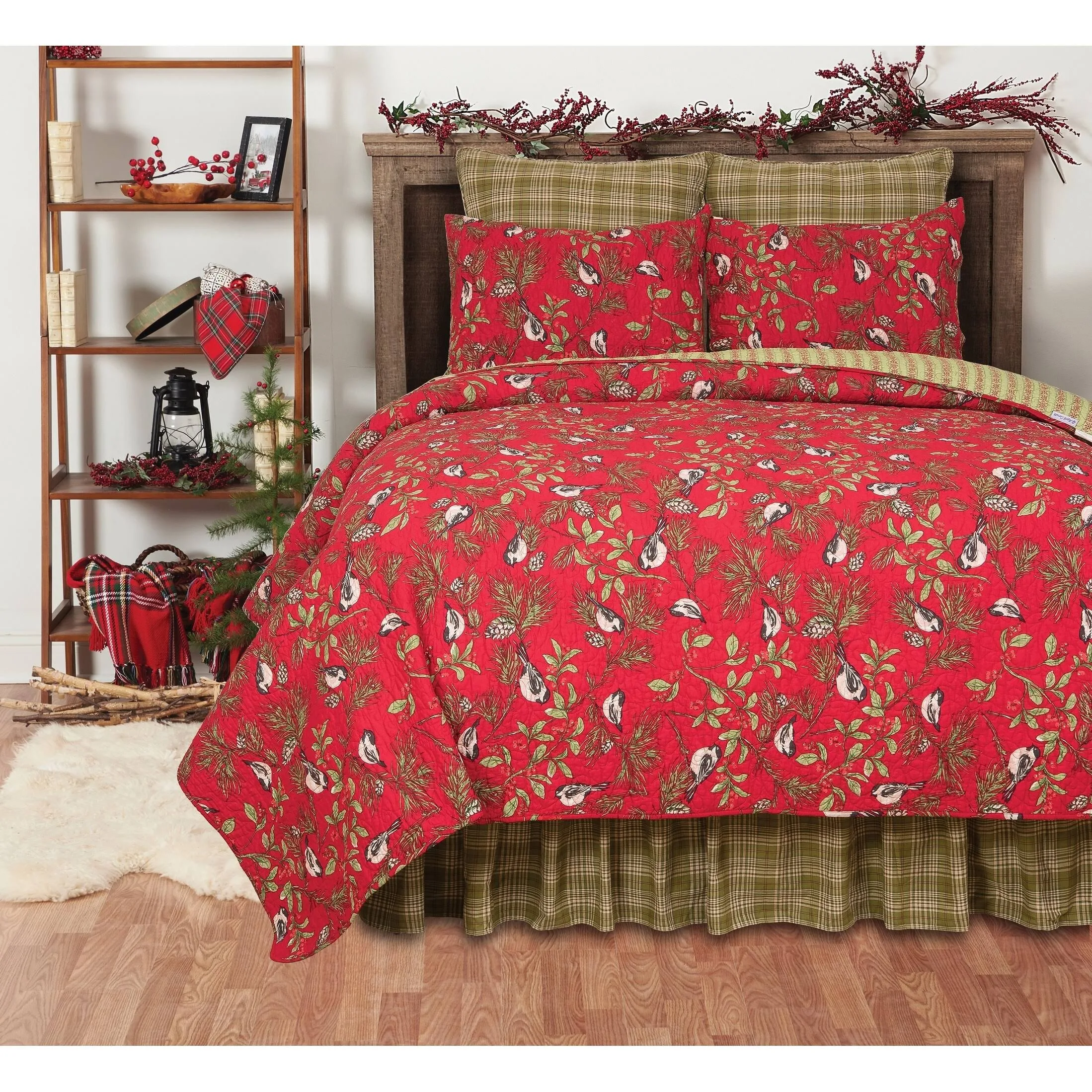 Christmas Chickadee Red Quilt Set - Full - Queen