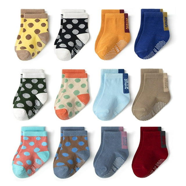 12 Pairs Baby Socks Cotton Crew Toddler Socks Grips Non Slip Bottom Kids Sock...