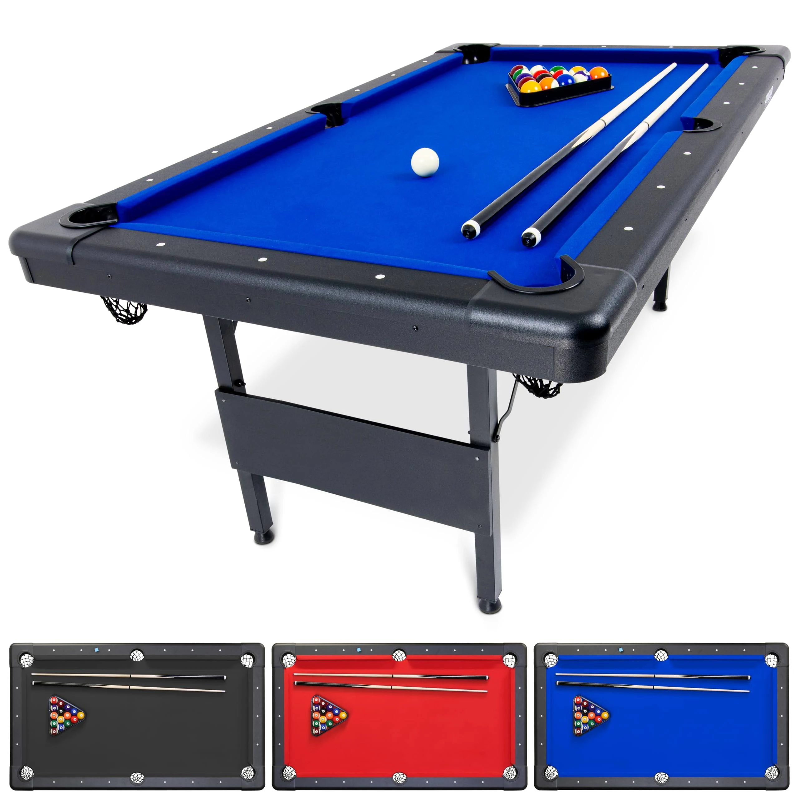 GoSports 6, 7, or 8 ft Billiards Table - Portable Pool Table - Includes Full Set of Balls, 2 Cue Sticks, Chalk and Felt Brush; Choose Size and Color