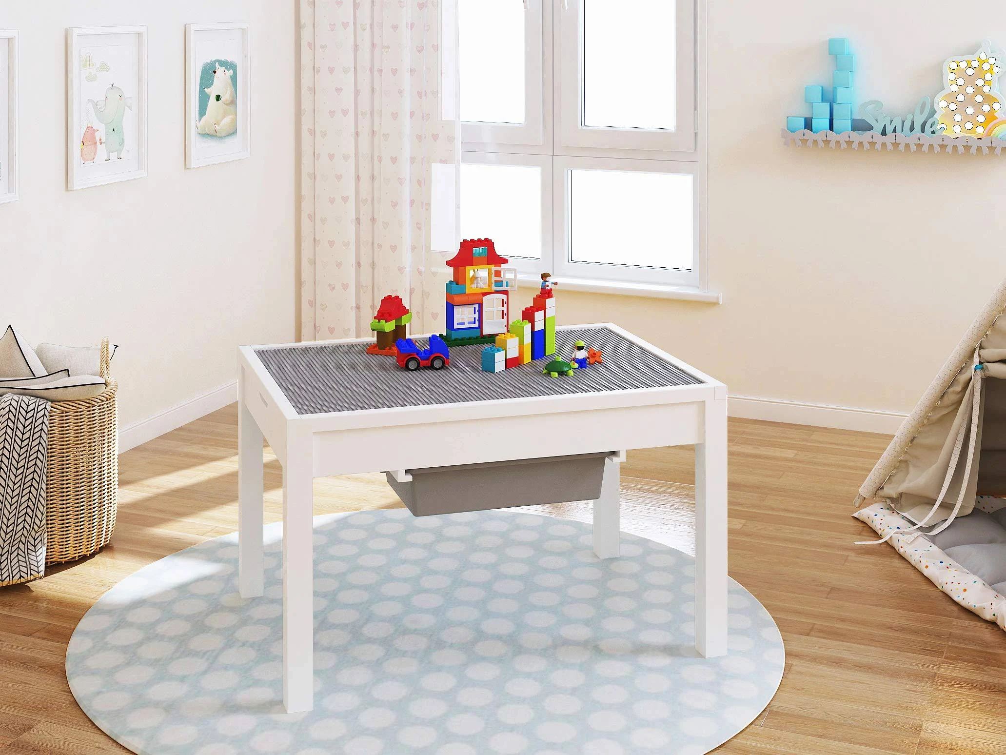 UTEX Kids 2 in 1 Large Activity Table with Storage, Construction Table for Kids, Boys, Girls, White