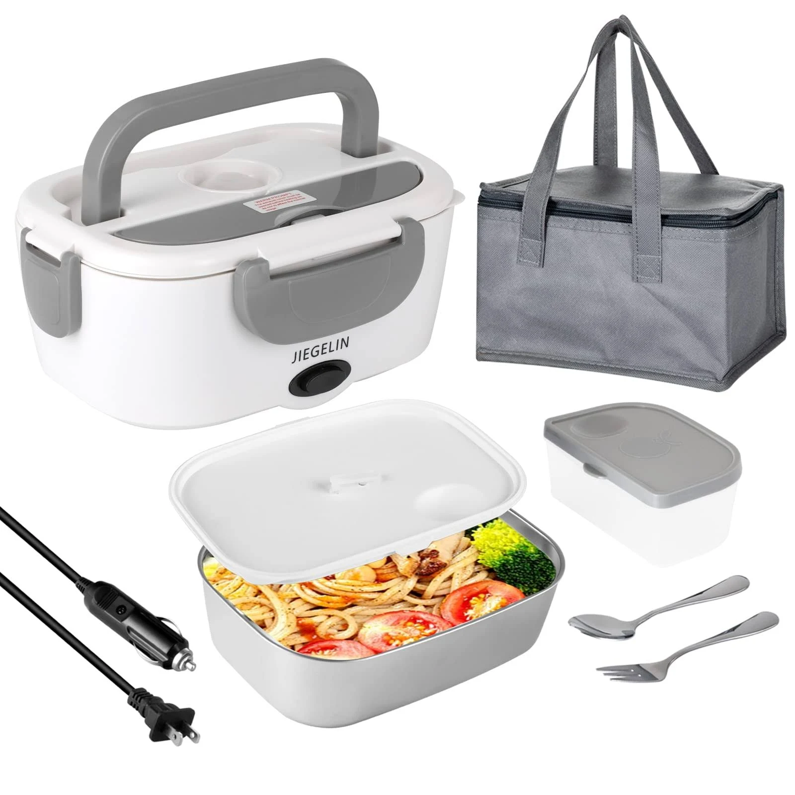 JIEGELIN Electric Lunch Box Food Heater 2-in-1,12V/24V/110V/220V Portable Heating Lunch Box for Cars and homes,stainless Steel Container Fork and