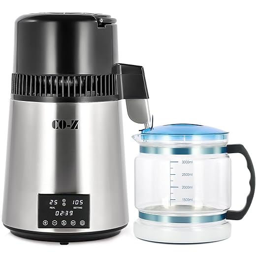 CO-Z 1.1 Gallon Water Distiller, 1750W Countertop Distilled Water Machine with Glass Container Dual Temperature Display Timer, 4L 304 Stainless Steel Distilled Water Maker for Home Office Travel More