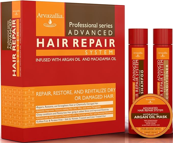 Advanced Hair Repair Shampoo, Conditioner and Deep Conditioner Mask System Set for Dry or Damaged Hair with Argan and Macadamia Oil by Arvazallia - Sulfate Free