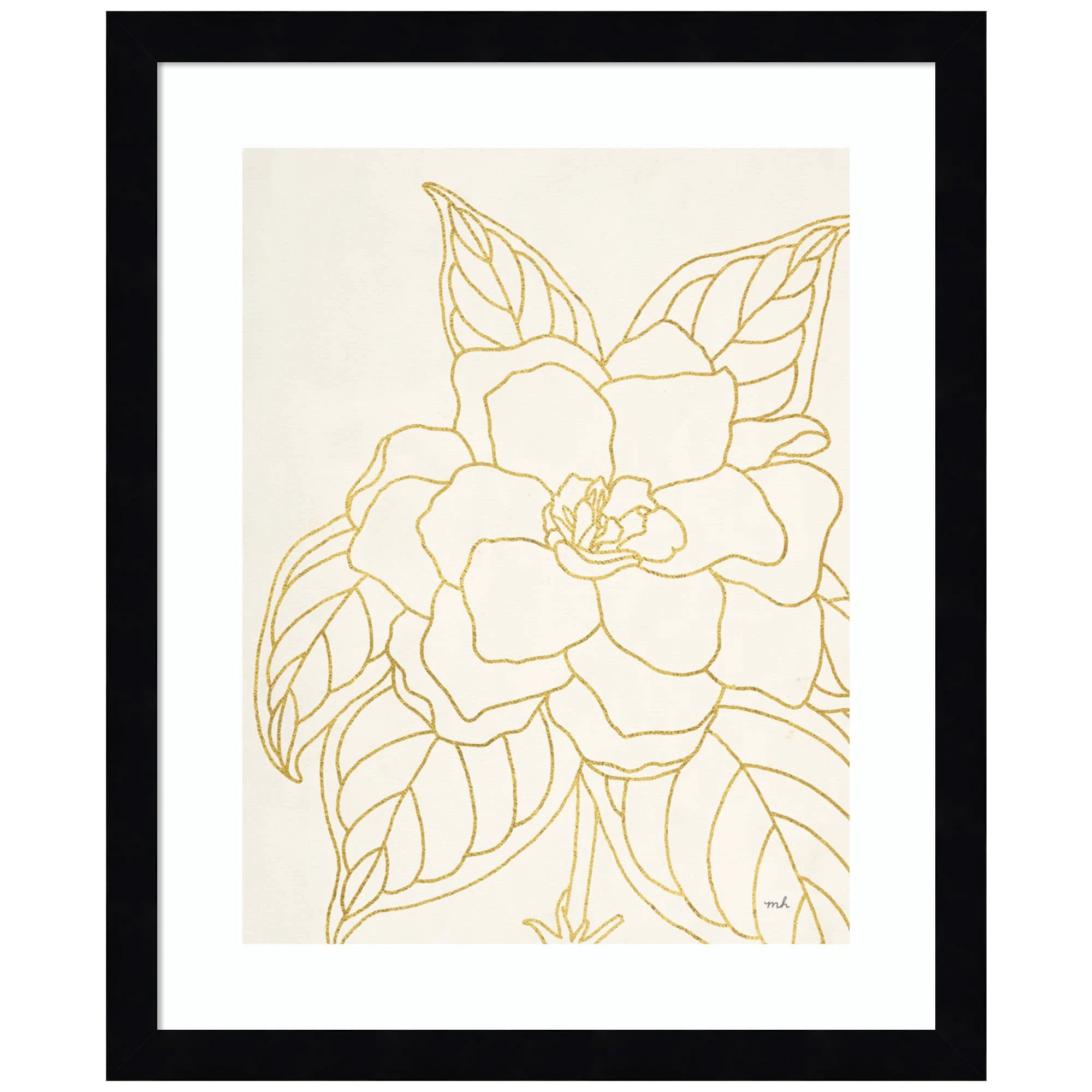 Amanti Art Wood Framed Wall Art Print Gold Gardenia Line Drawing by Moira Hershey (14 in. W x 17 in. H), Svelte Noir Black Frame - Small