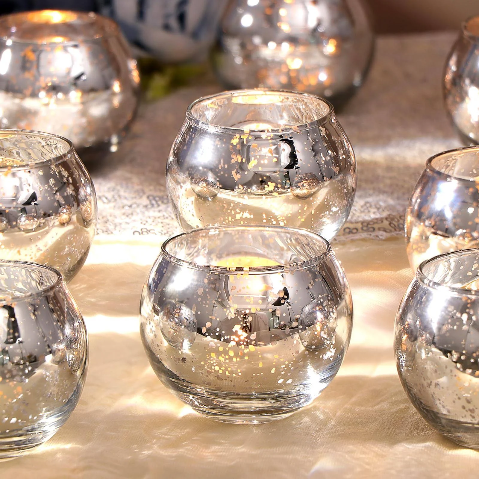  Votive Candle Holders Set of 12 - Mercury Votives Candle Holder - Glass Silver