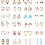 24 Pairs Hypoallergenic Stud Earrings Set for Girls Sensitive Ears With Stainless Steel Post Colorful Cute Earrings for Girls Women