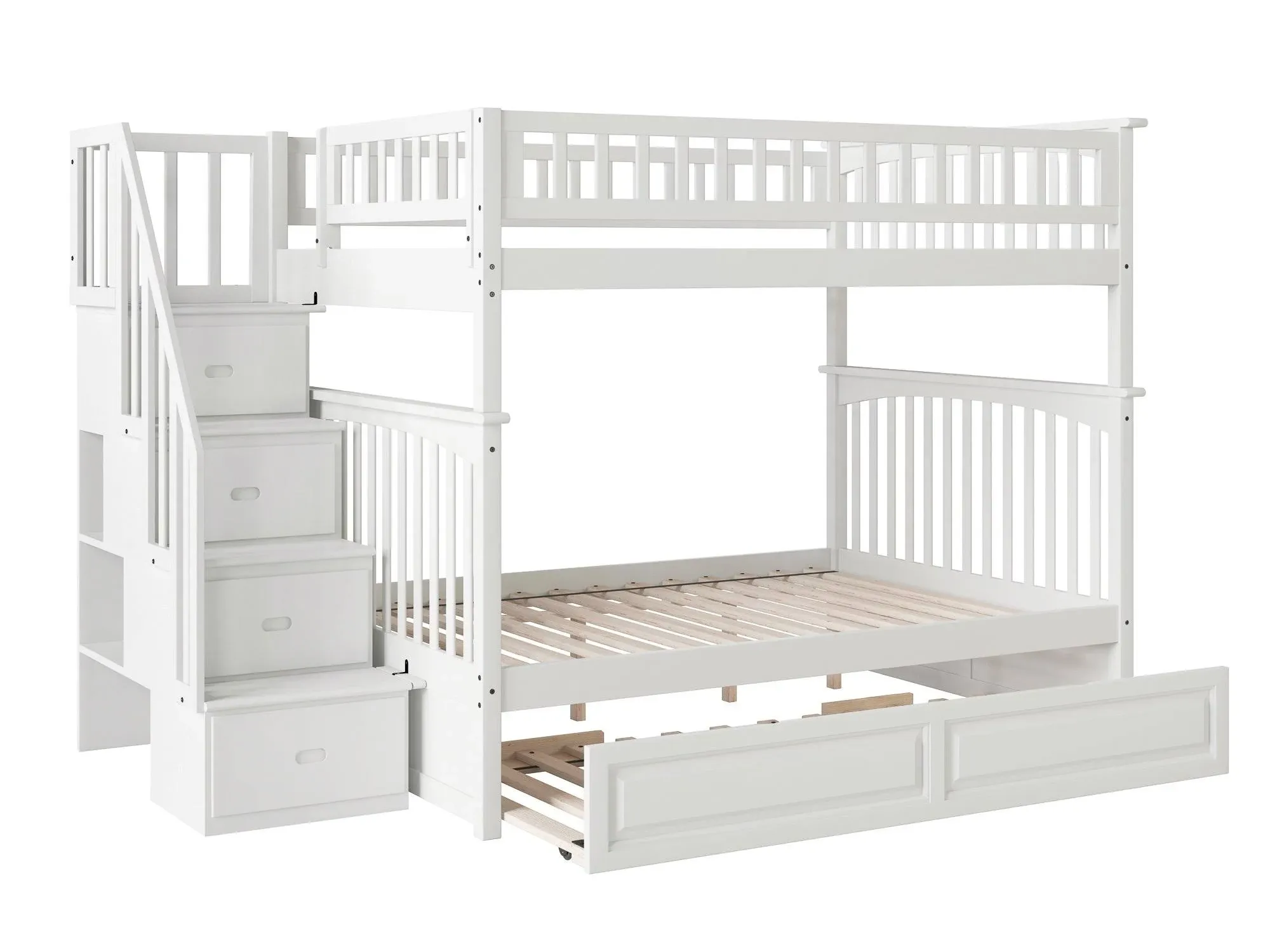 Full Over Full Columbia Staircase Bunk Bed with Full Size Trundle in White