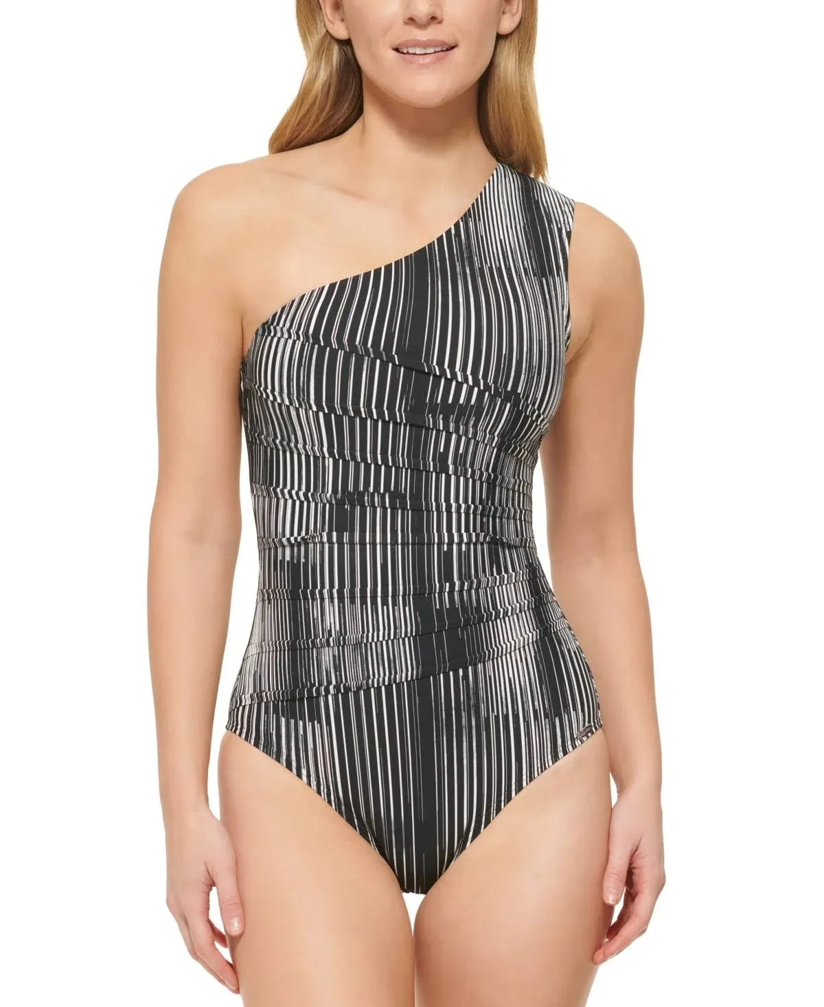 Calvin Klein One Piece Swimsuit One Shoulder Black and White Size 6 - Nwt