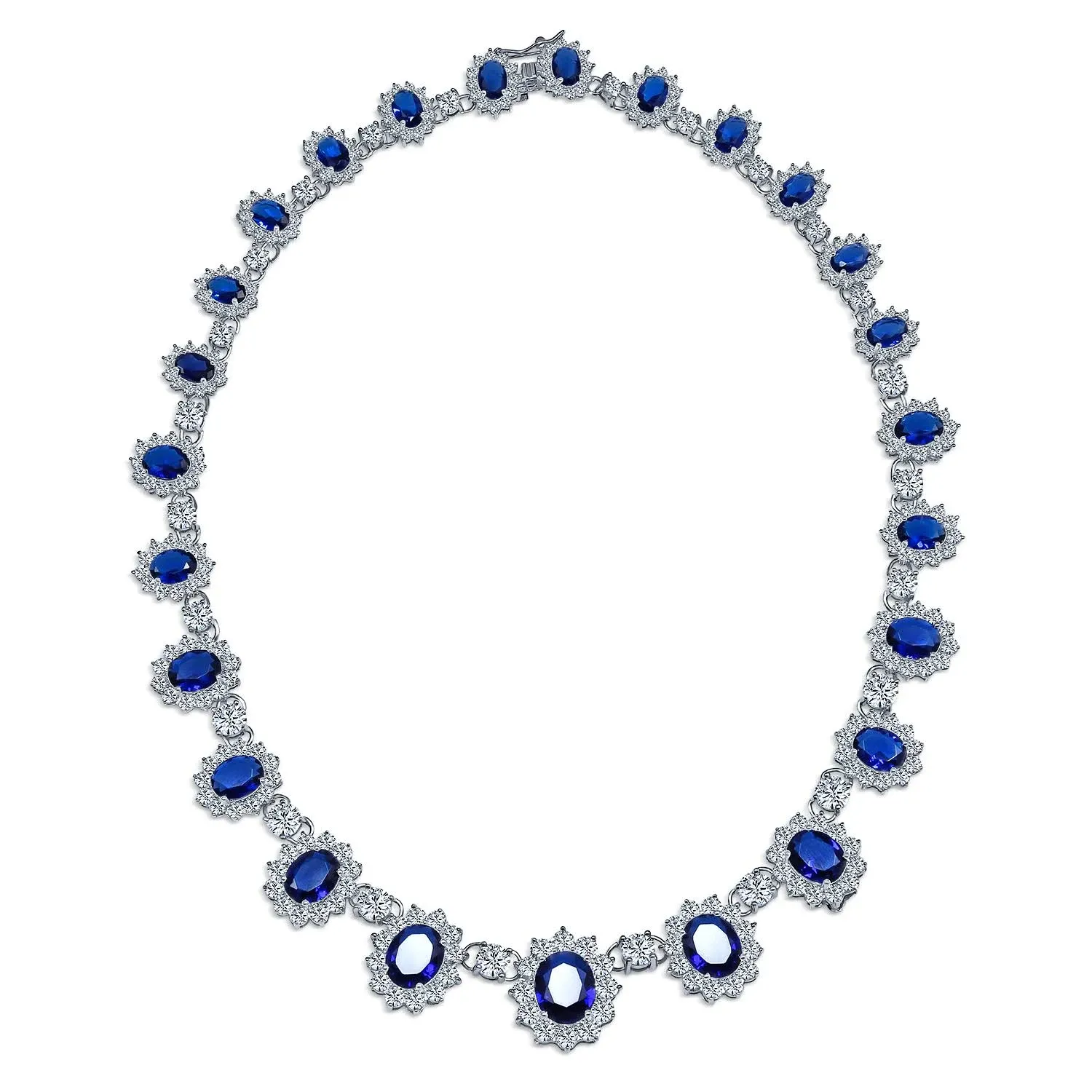 Bling Jewelry Bridal Vintage Style Halo Oval Imitation Blue Sapphire AAA CZ Statement Necklace